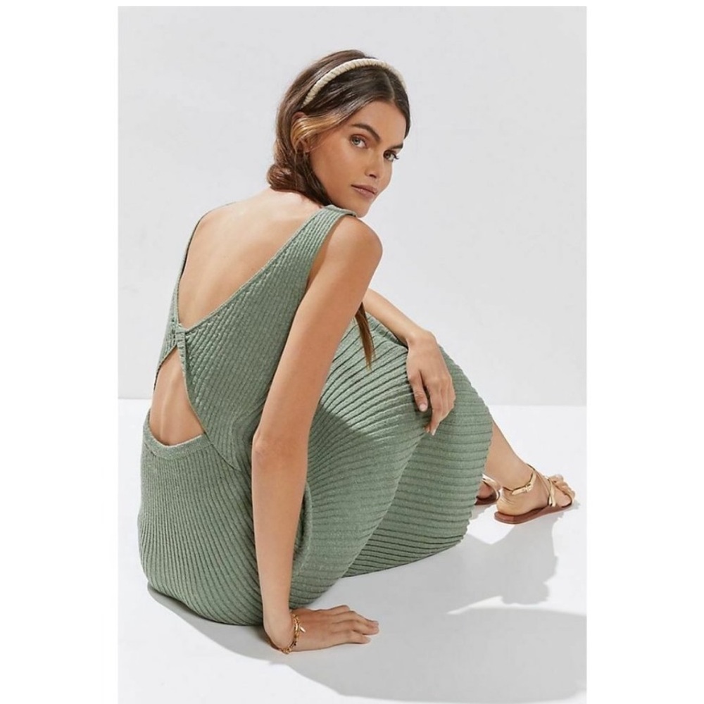 Anthropologie Knit Midi Sweater Dress L HTF Green Cross Open Back